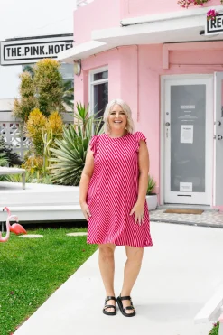 Stevie Dress in Candy Stripe Pink/Red