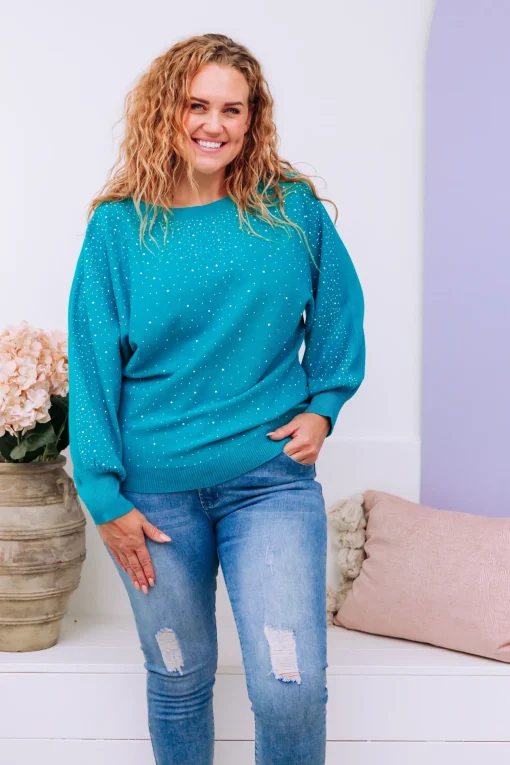 Twinkle Embellished Knit in Turquoise